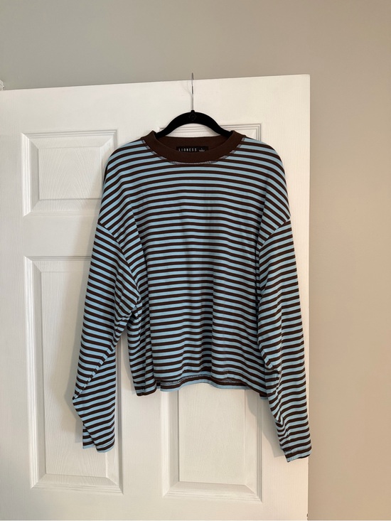 Lioness Tops - Lioness Brown and Light Blue Striped Crewneck Sweater